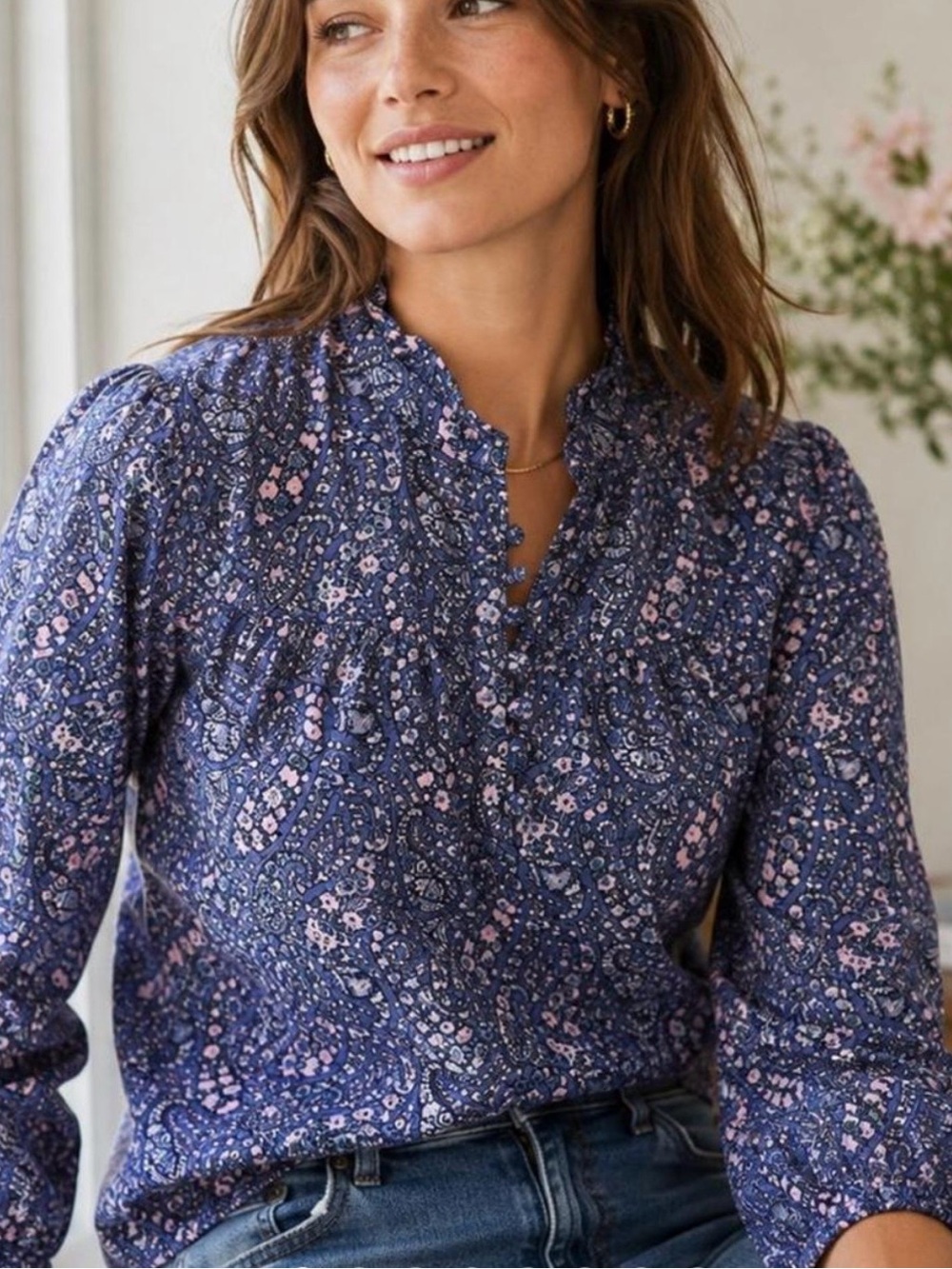 J. Crew Navy Paisley Ruffle-Neck Long-Sleeve Blouse with Pink Motif